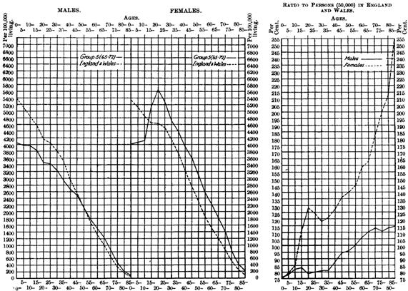 Proportions of males and females at different ages: Group 5, retirement areas